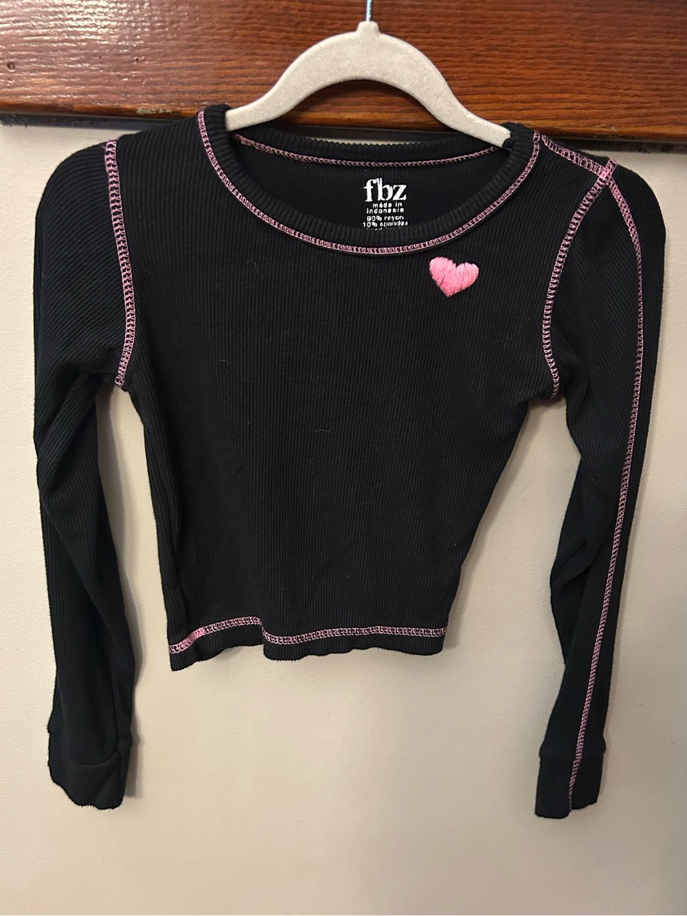 Flowers By Zoe FBZ Cropped Ribbed Long Sleeve Top Embroidered Heart Black 6